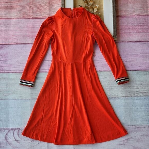 Vintage Dresses & Skirts - Vintage 70s/80s Red A-line Retro Rainbow Trim‎ Long Sleeve Dress Small